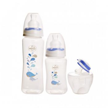 Set 2 biberoane 125 ml si 250 ml + suzeta in cutie sterilizare Minut Baby 0+ bleu