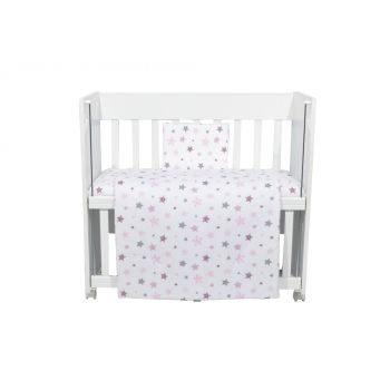 Set lenjerie 4 piese Mini Cot Pink and Grey Stars white