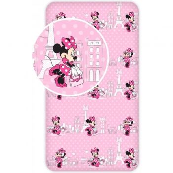 Cearsaf de pat cu elastic Minnie in Paris 90x200 cm SunCity roz