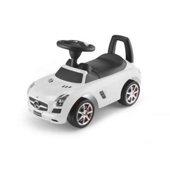 Masinuta pentru copii fara pedale Ecotoys Mercedes Benz SLS AMG alb dotata cu volan interactiv cu melodii si claxon, spatiu depozitare sub scaun, greutate maxima admisa 23kg