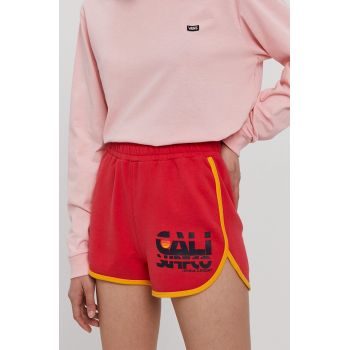 Superdry Pantaloni scurți femei, culoarea rosu, cu imprimeu, medium waist