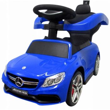 Masinuta copii de impins R-Sport Mercedes C63 amg albastru cu maner pentru controlul parental, suport pentru picioare, protectie impotriva rasturnarii, volan cu melodii si claxon