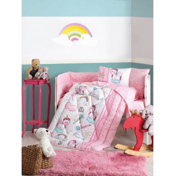 Lenjerie patut cu 6 piese Baby Ranforce Unicorn Pink