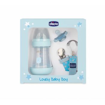 Set cadou Lovely Baby Boy biberon suzeta lantisor albastru 0luni+ Chicco