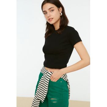 Bluza crop cu maneci scurte si striatie in relief