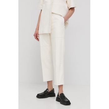 Herskind pantaloni de piele femei, culoarea alb, drept, high waist