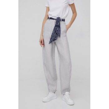 Emporio Armani pantaloni femei, culoarea gri, lat, high waist