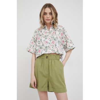 Pepe Jeans pantaloni scurți din amestec de in Muriel femei, culoarea verde, neted, high waist