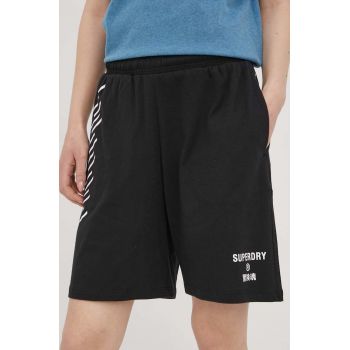 Superdry pantaloni scurti din bumbac femei, culoarea negru, cu imprimeu, high waist