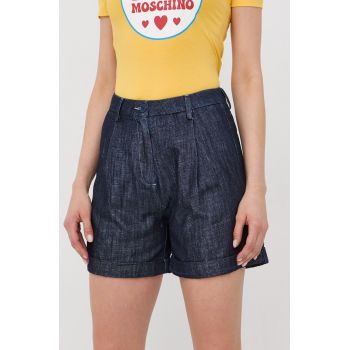 Love Moschino pantaloni scurti femei, culoarea albastru marin, neted, high waist