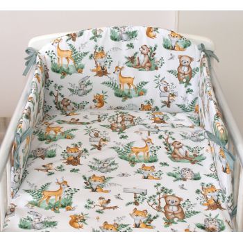 Set lenjerie din bumbac cu protectie laterala pentru pat bebe 120 x 60 cm Animalute de padure Amy