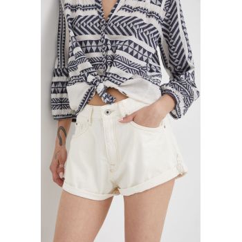 Pepe Jeans pantaloni scurti din bumbac Suzie femei, culoarea bej, neted, high waist