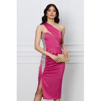 Rochie Moze fucsia cu paiete si crepeu lateral