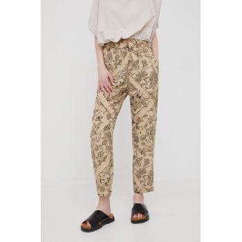 Sisley pantaloni femei, culoarea bej, drept, high waist