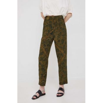 Sisley pantaloni femei, culoarea verde, drept, high waist