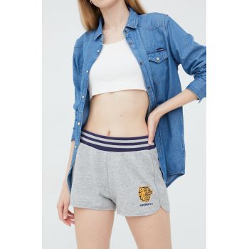 Superdry pantaloni scurti femei, culoarea gri, cu imprimeu, high waist