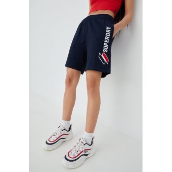 Superdry pantaloni scurti din bumbac femei, culoarea albastru marin, cu imprimeu, high waist