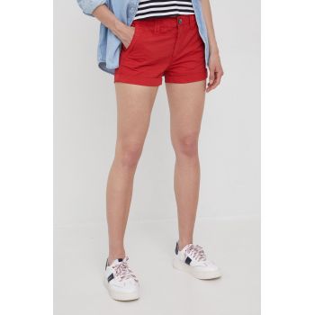 Pepe Jeans pantaloni scurti din bumbac Balboa Short femei, culoarea rosu, neted, medium waist