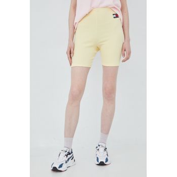 Tommy Jeans pantaloni scurti femei, culoarea galben, neted, high waist