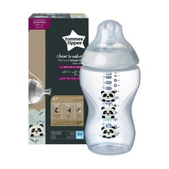 Biberon Tommee Tippee Closer to Nature, 340 ml, PP, Ursuleti Panda, 3 luni +, 1 buc