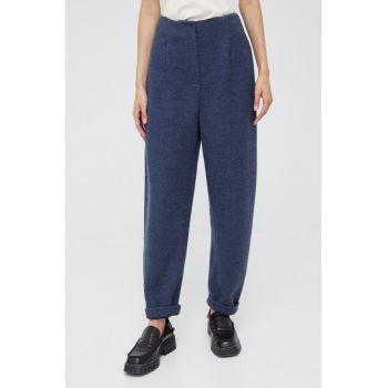 Emporio Armani pantaloni din lana femei, culoarea albastru marin, drept, high waist