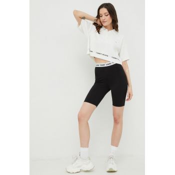 Tommy Jeans pantaloni scurti femei, culoarea negru, neted, high waist