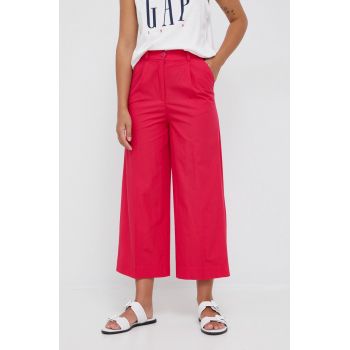 Sisley pantaloni de bumbac femei, culoarea roz, lat, high waist