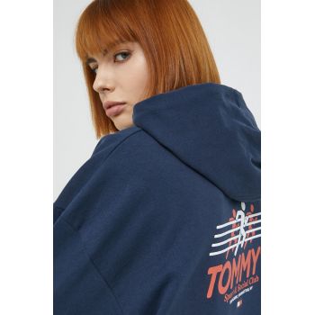 Tommy Jeans hanorac de bumbac femei, culoarea albastru marin, cu imprimeu