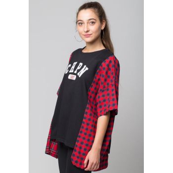 Bluza oversize neagra cu ecosez rosu, din bumbac