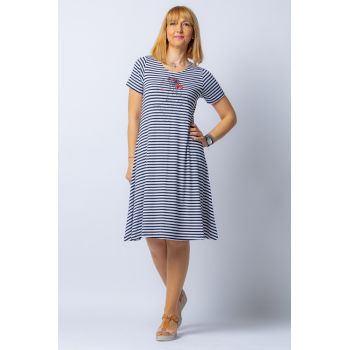 Rochie A line midi, dungi marinar din tricot cu imprimeu chip de fata