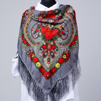 Esarfa gipsy patrata mare, tip Pavlovo Posad cu imprimeu floral traditional pe fond gri