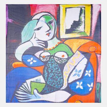 Esarfa patrata cu o singura fata imprimata cu reproducerea dupa Fata in fata oglinzii a lui Picasso ieftina