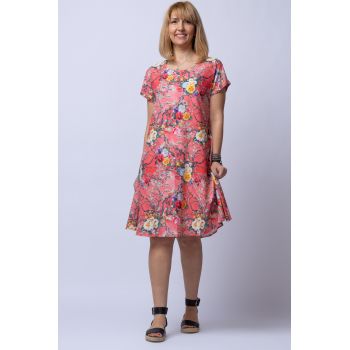 Rochie A line midi, silky, cu imprimeu floral pe fundal rosu