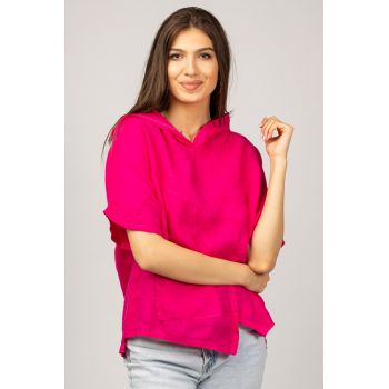 Bluza fucsia asimetrica din in, cu gluga