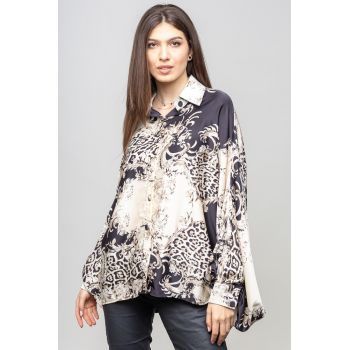 Camasa din satin oversize, cu maneci bufante si imprimeu floral bej-negru