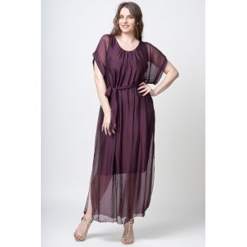 Rochie bordo lunga, din matase naturala, cu cordon