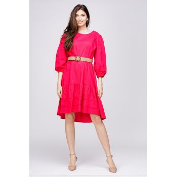 Rochie cu volan si curea din poplin de bumbac, fucsia