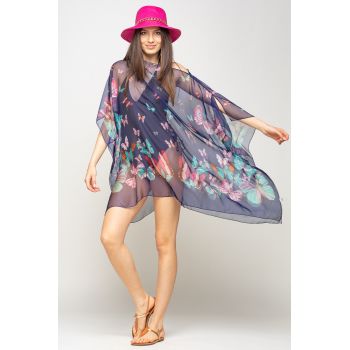 Rochie de plaja tip poncho cu fluturi pe fond bleumarin, matase si vascoza