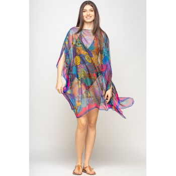 Rochie de plaja tip poncho cu mandale multicolore si margine fucia cu bleumarin, matase si vascoza