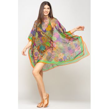 Rochie de plaja tip poncho cu mandale multicolore si margine portocalie cu verde, matase si vascoza