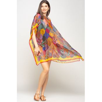 Rochie de plaja tip poncho cu mandale multicolore si margine rosie cu galben, matase si vascoza