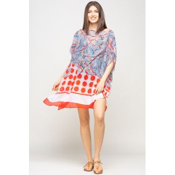 Rochie de plaja tip poncho cu motive florale si buline rosii, vascoza