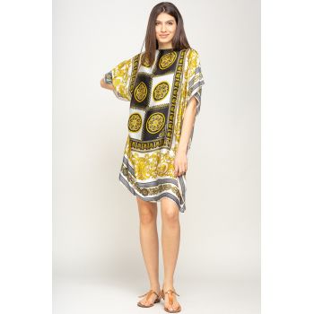 Rochie de plaja tip poncho din matase cu motive tip Versace in chenar alb si bej