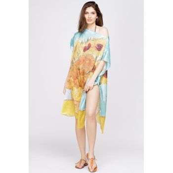 Rochie de plaja tip poncho din matase cu reproducere dupa    Floarea Soarelui   de Van Gogh