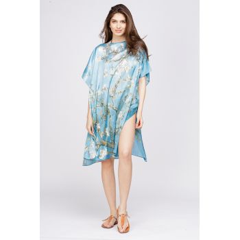 Rochie de plaja tip poncho din matase cu reproducere dupa Migdal Inflorind de Van Gogh