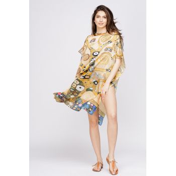 Rochie de plaja tip poncho din matase cu reproducere dupa    Pomul Vietii    - Gustav Klimt