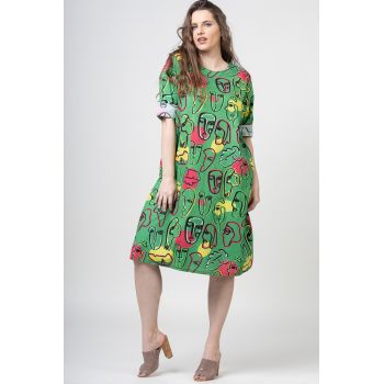 Rochie midi din bumbac cu imprimeu chipuri pe fond verde