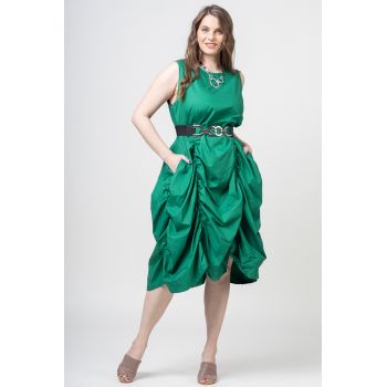 Rochie spectaculoasa verde, din poplin satinat, cu falduri