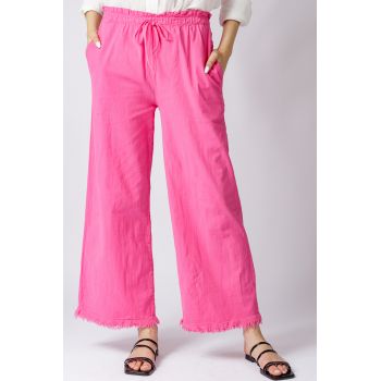 Pantaloni de vara din in si bumbac cu franjuri mici, fucsia