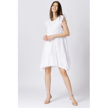 Rochie de vara cu volanas, din in, alba